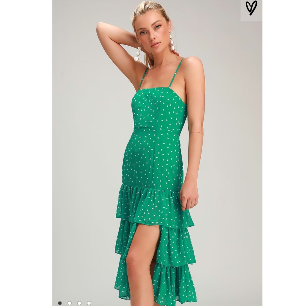 Green Polka Dot Ruffled Midi Dress